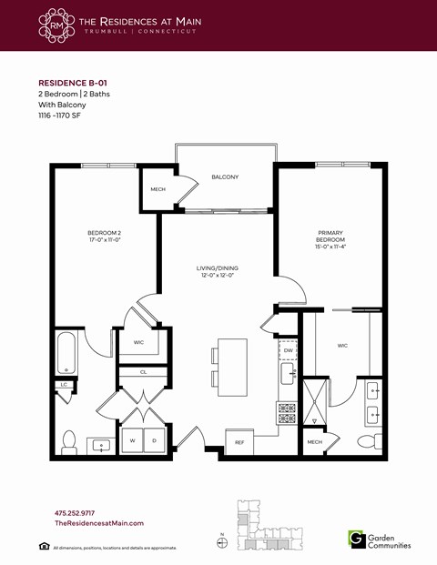 Floor plan for 2 beds, 2 baths, 1156 sqft